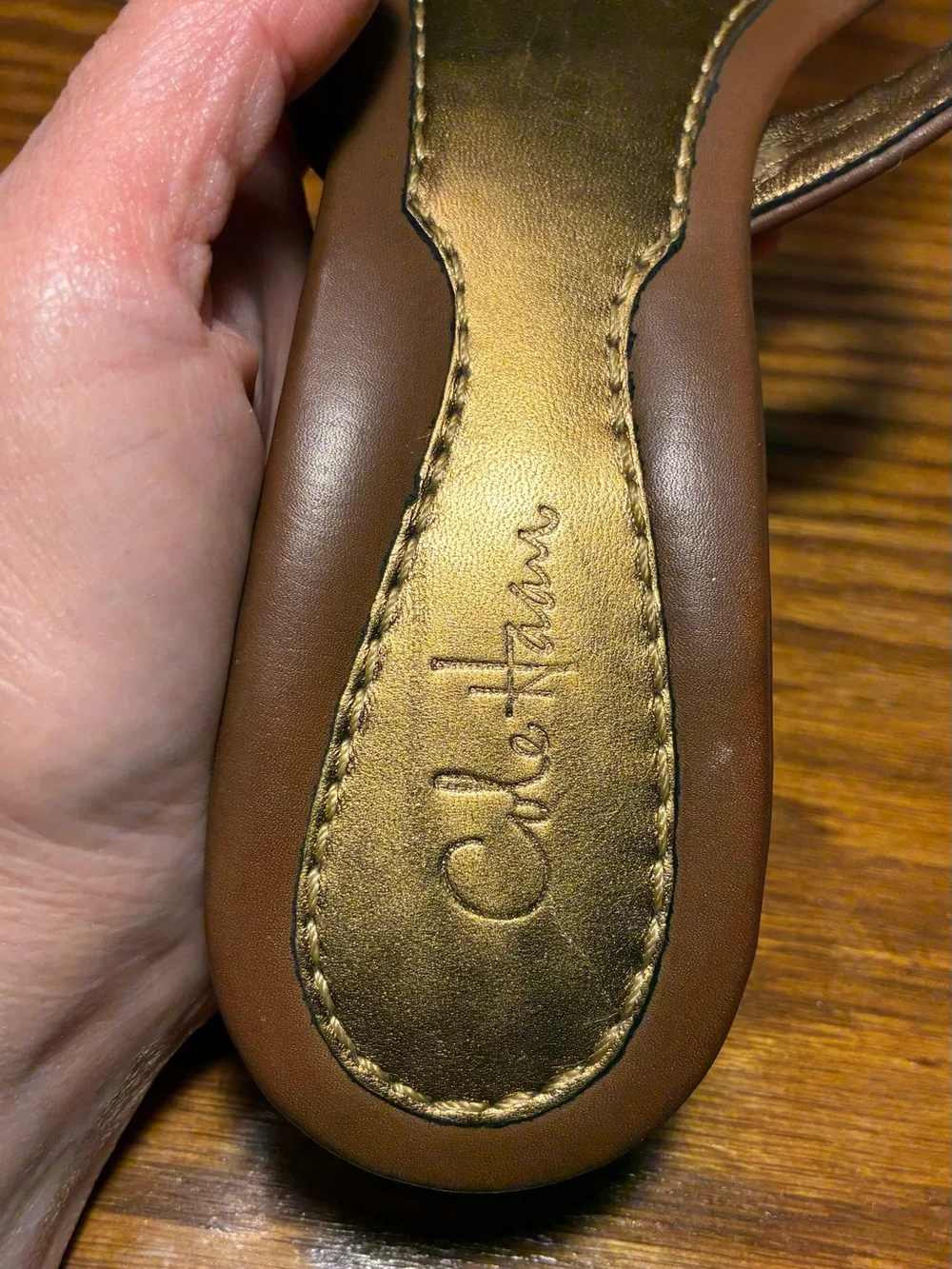 Y2K VTG Cole Haan Leather Cross Strap Medallion Wedge Slide Sandals Tan Sz 7